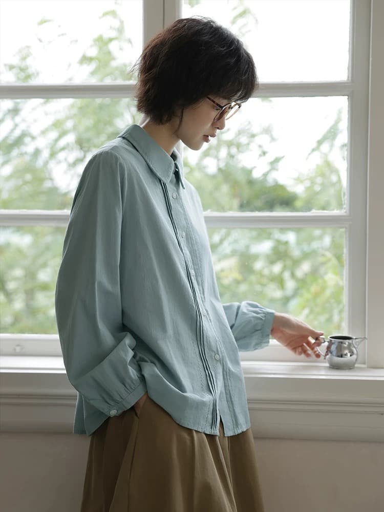 일본식 문예 베이비 칼라 긴팔 여성 셔츠 봄 가을 디자인 센스 스택 착용 인사이드 가져 가라. 셔츠 작은 키 맨위 상세 이미지 2