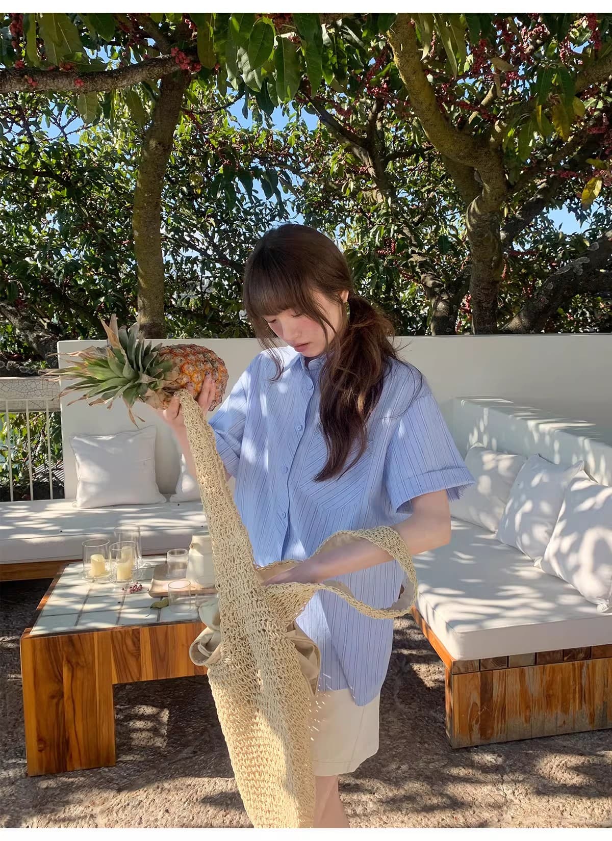 안녕하세요. 대포 블루 기사 루즈핏 느긋한 막대기 가방 반팔 여성 셔츠 여름 캐주얼 다용도 고유 한 Chic 맨위