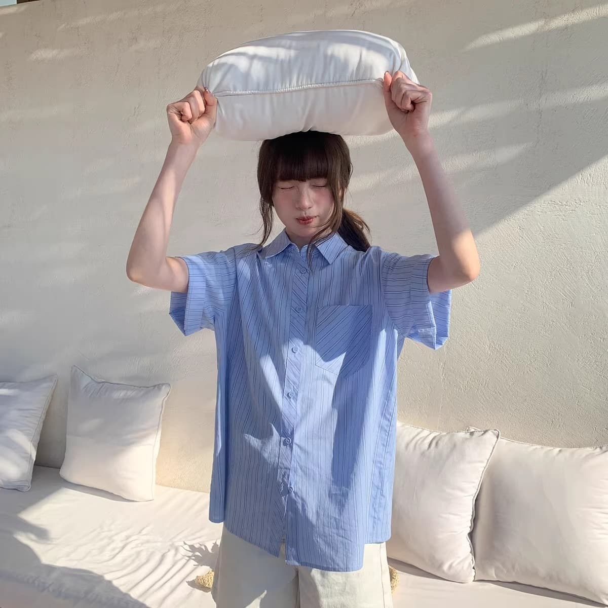 안녕하세요. 대포 블루 기사 루즈핏 느긋한 막대기 가방 반팔 여성 셔츠 여름 캐주얼 다용도 고유 한 Chic 맨위 이미지 5