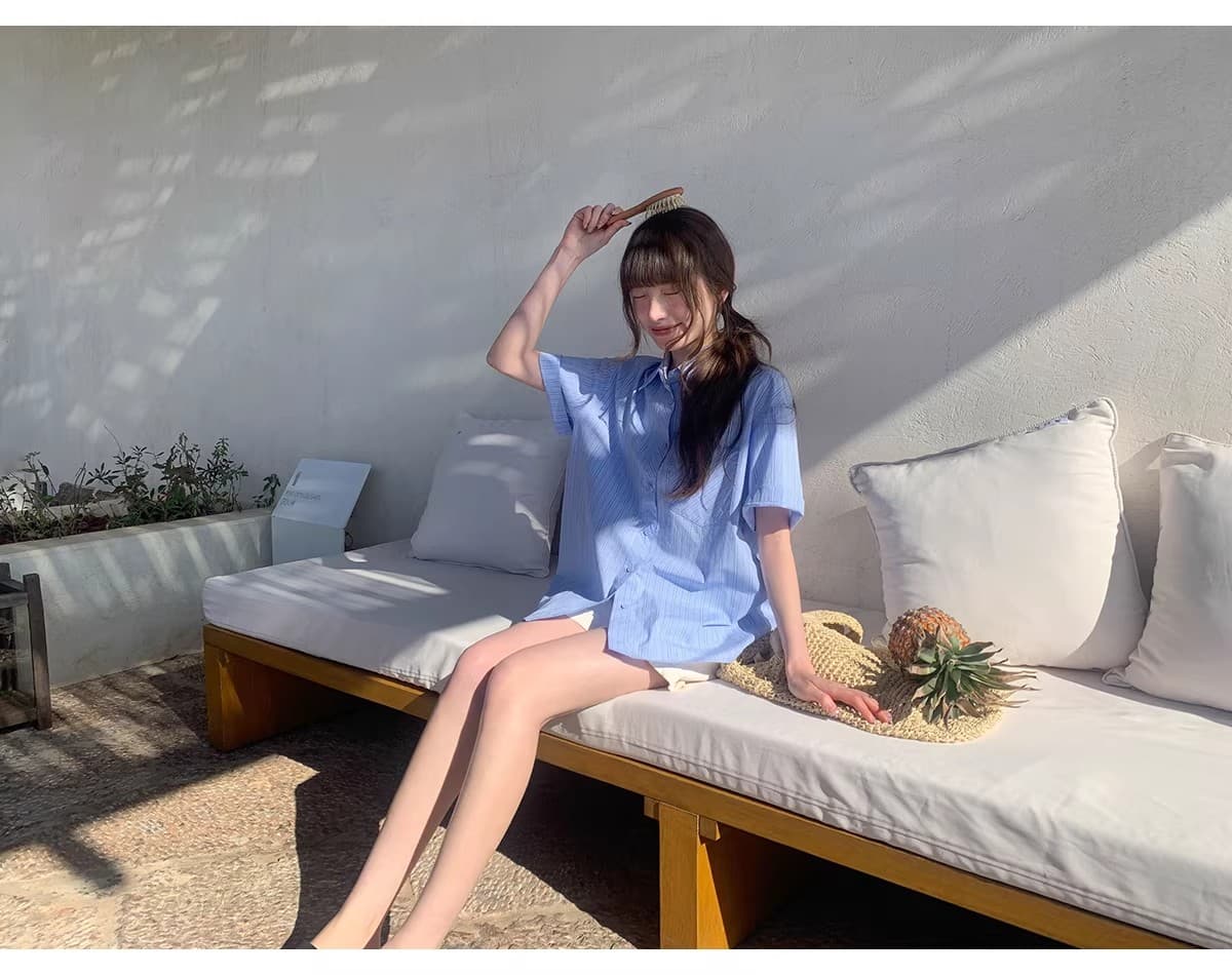 안녕하세요. 대포 블루 기사 루즈핏 느긋한 막대기 가방 반팔 여성 셔츠 여름 캐주얼 다용도 고유 한 Chic 맨위 상세 이미지 1