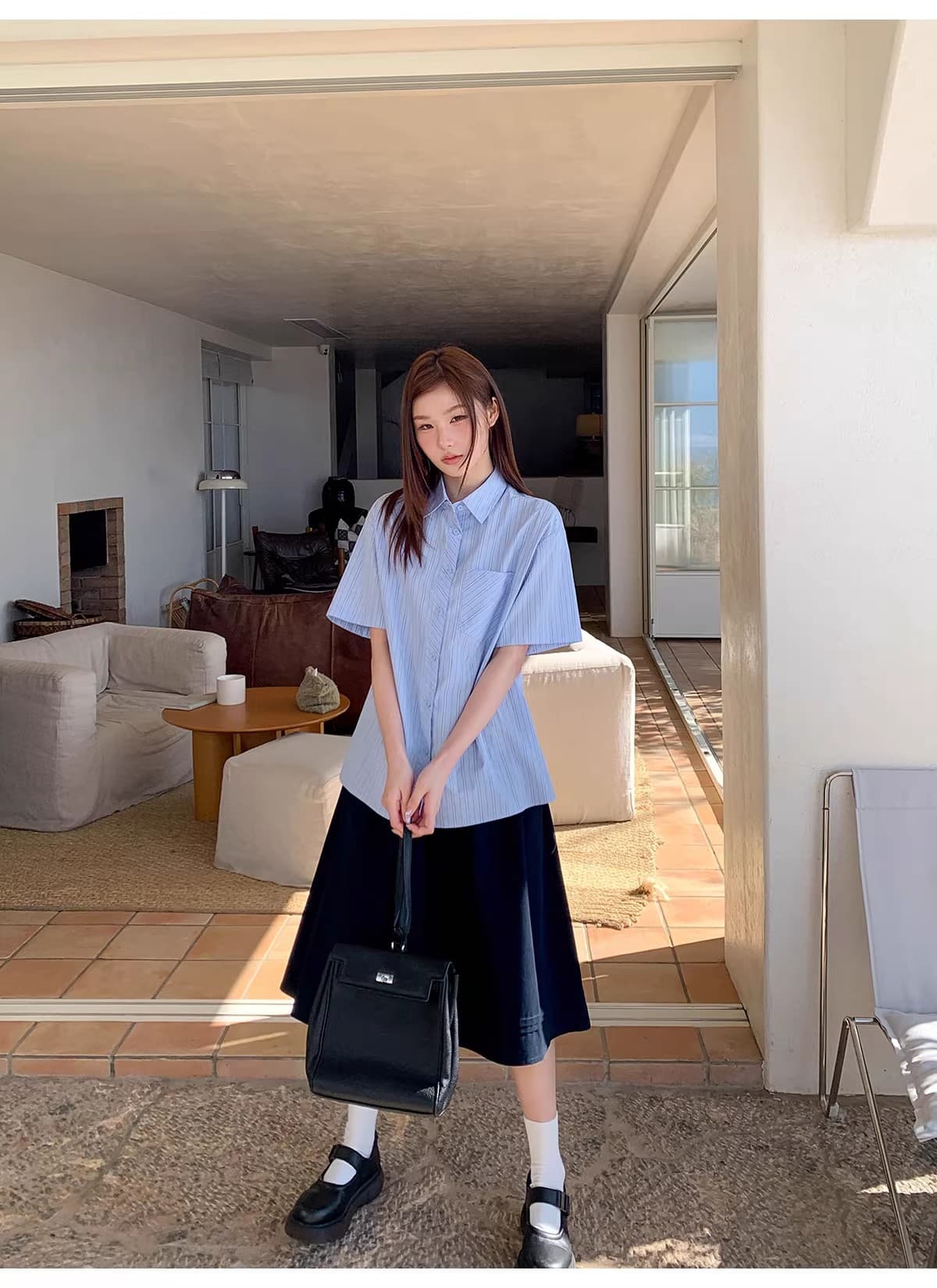 안녕하세요. 대포 블루 기사 루즈핏 느긋한 막대기 가방 반팔 여성 셔츠 여름 캐주얼 다용도 고유 한 Chic 맨위 상세 이미지 2