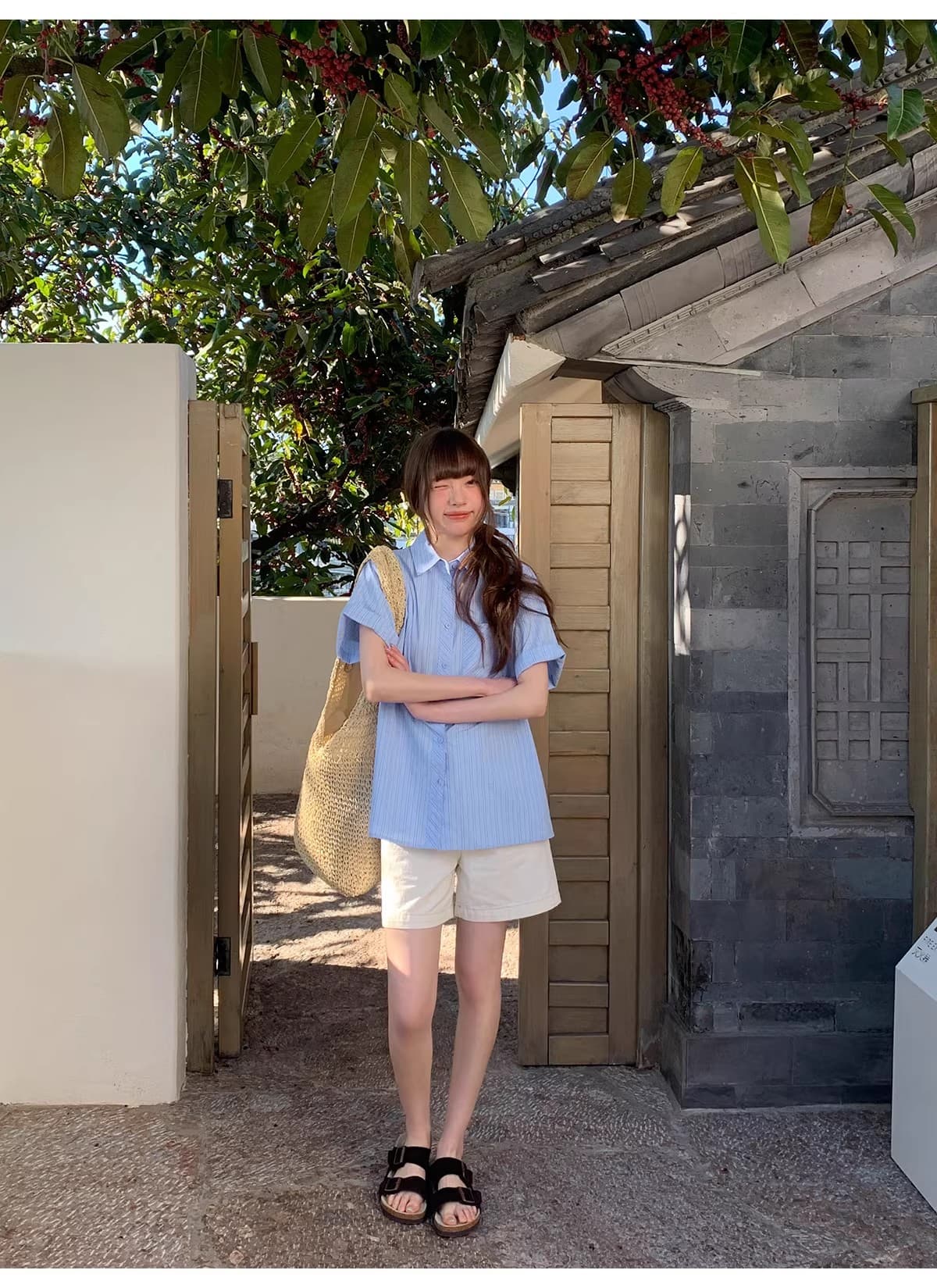 안녕하세요. 대포 블루 기사 루즈핏 느긋한 막대기 가방 반팔 여성 셔츠 여름 캐주얼 다용도 고유 한 Chic 맨위 상세 이미지 5