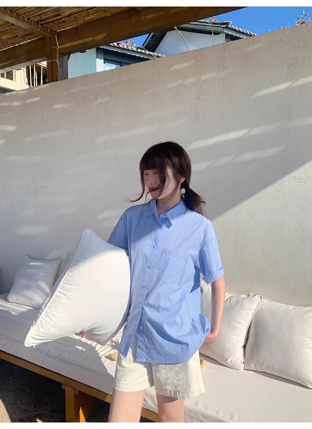 안녕하세요. 대포 블루 기사 루즈핏 느긋한 막대기 가방 반팔 여성 셔츠 여름 캐주얼 다용도 고유 한 Chic 맨위 상세 이미지 8