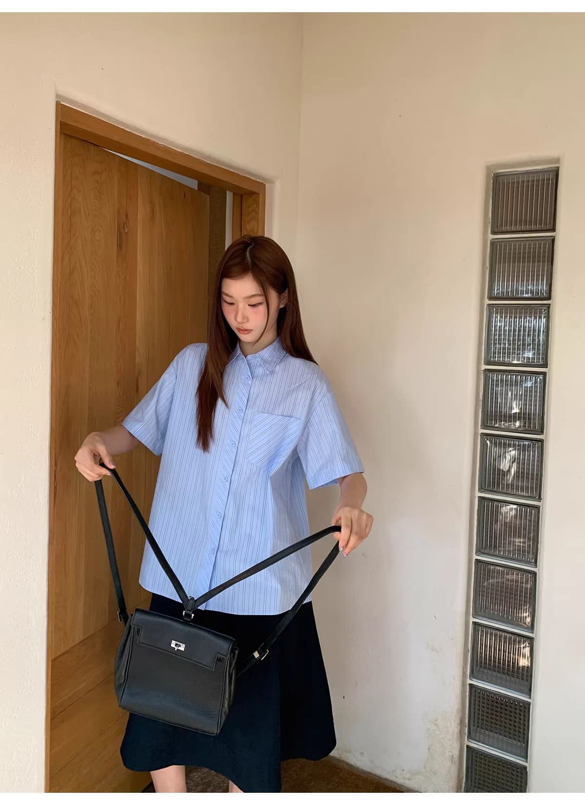 안녕하세요. 대포 블루 기사 루즈핏 느긋한 막대기 가방 반팔 여성 셔츠 여름 캐주얼 다용도 고유 한 Chic 맨위 상세 이미지 12