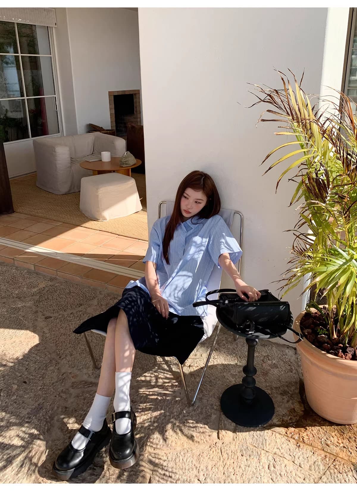 안녕하세요. 대포 블루 기사 루즈핏 느긋한 막대기 가방 반팔 여성 셔츠 여름 캐주얼 다용도 고유 한 Chic 맨위 상세 이미지 13