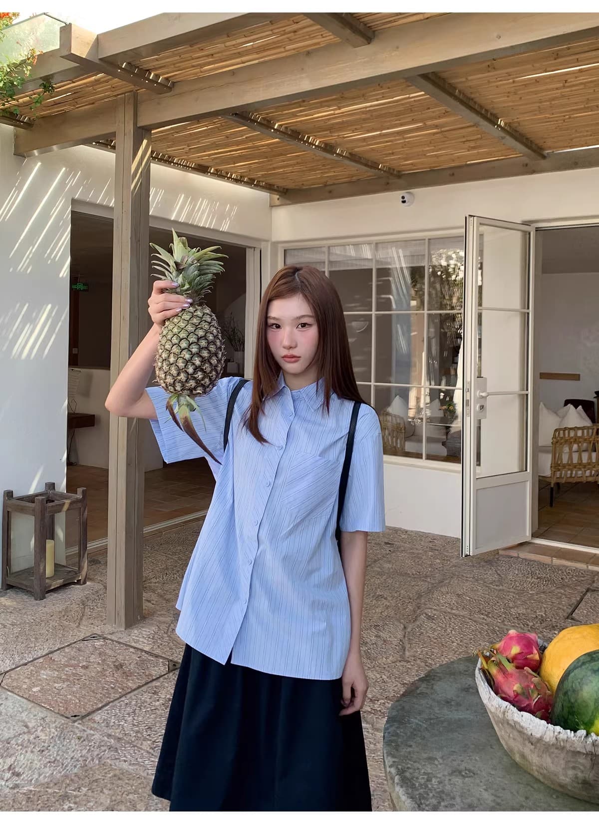 안녕하세요. 대포 블루 기사 루즈핏 느긋한 막대기 가방 반팔 여성 셔츠 여름 캐주얼 다용도 고유 한 Chic 맨위 상세 이미지 14