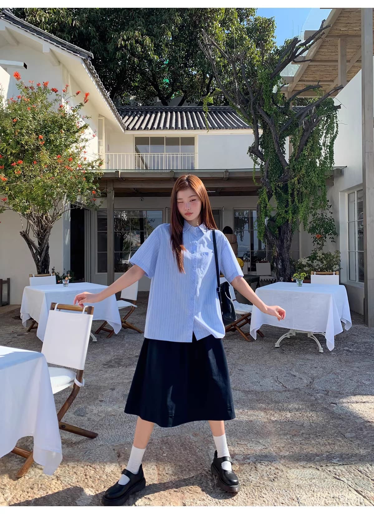 안녕하세요. 대포 블루 기사 루즈핏 느긋한 막대기 가방 반팔 여성 셔츠 여름 캐주얼 다용도 고유 한 Chic 맨위 상세 이미지 16