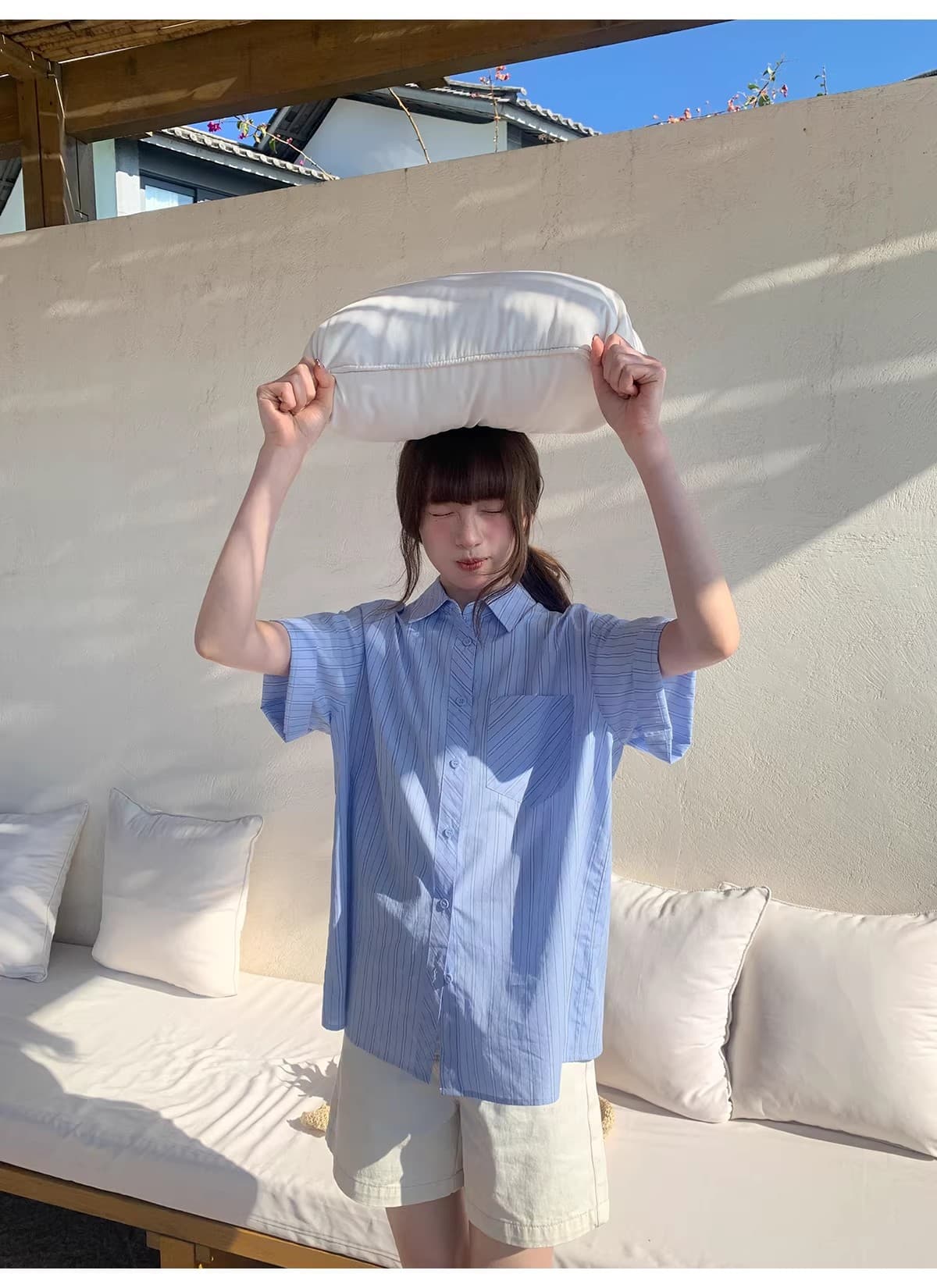 안녕하세요. 대포 블루 기사 루즈핏 느긋한 막대기 가방 반팔 여성 셔츠 여름 캐주얼 다용도 고유 한 Chic 맨위 상세 이미지 20
