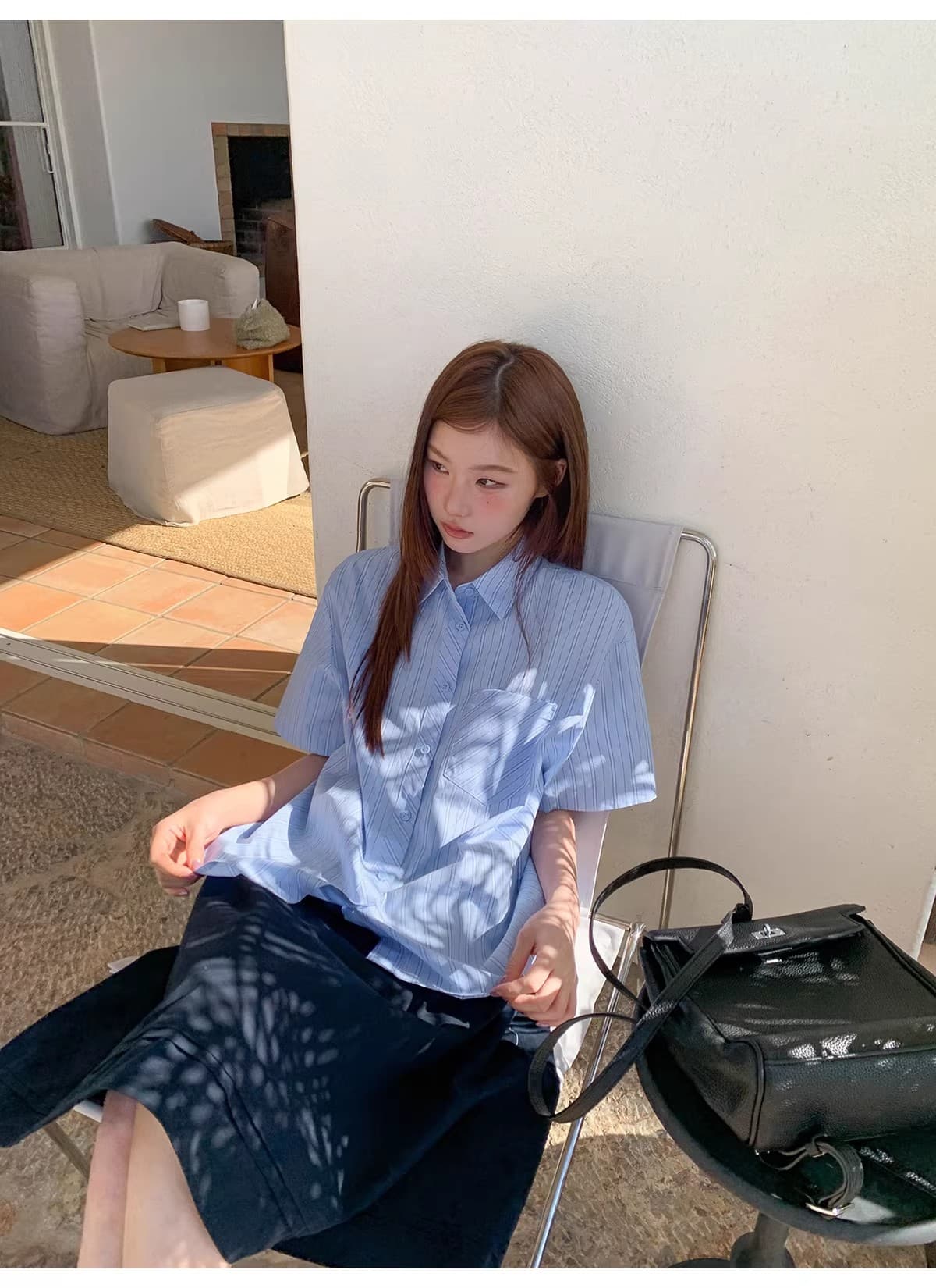 안녕하세요. 대포 블루 기사 루즈핏 느긋한 막대기 가방 반팔 여성 셔츠 여름 캐주얼 다용도 고유 한 Chic 맨위 상세 이미지 21