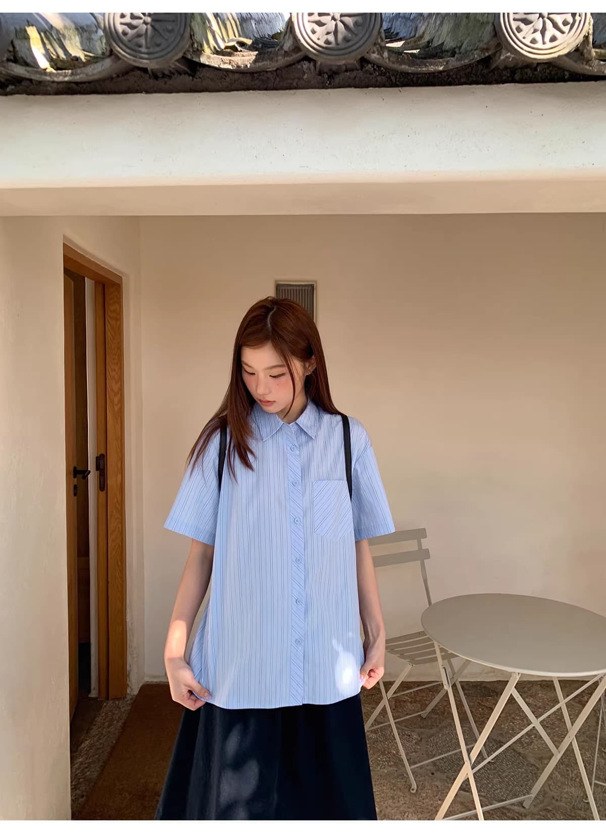 안녕하세요. 대포 블루 기사 루즈핏 느긋한 막대기 가방 반팔 여성 셔츠 여름 캐주얼 다용도 고유 한 Chic 맨위 상세 이미지 26