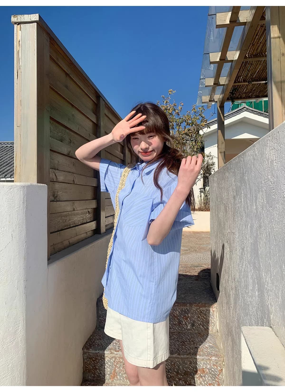 안녕하세요. 대포 블루 기사 루즈핏 느긋한 막대기 가방 반팔 여성 셔츠 여름 캐주얼 다용도 고유 한 Chic 맨위 상세 이미지 27
