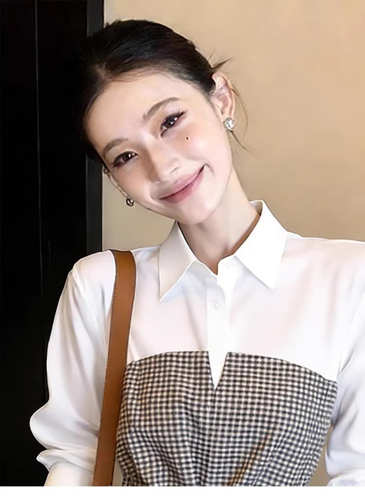 페이크 레이어드 배색 체크무늬 셔츠 여성 의류 봄 2026 새로운 긴팔 폴로 칼라 허리 수축 스트랩 디자인 센스 맨위 상세 이미지 1