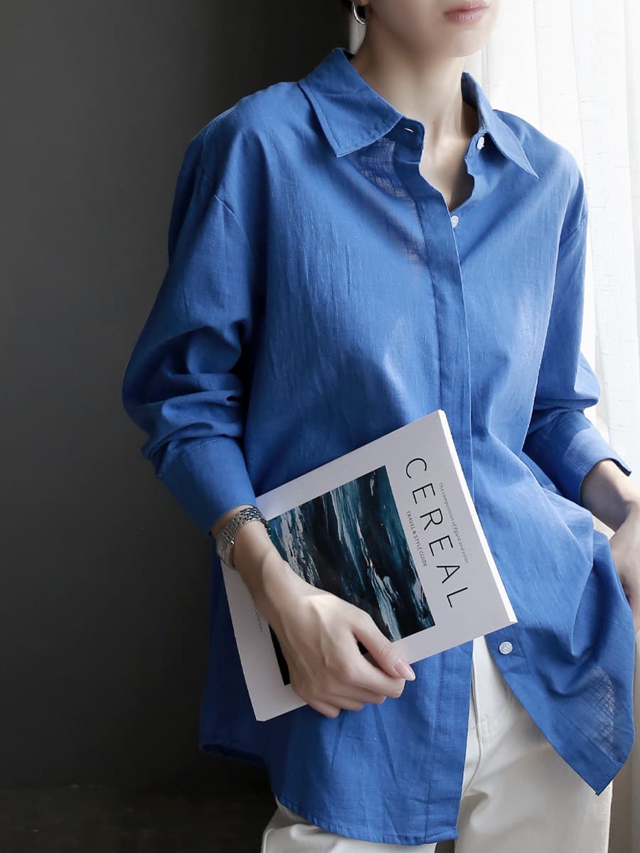 봄 여름 프랑스식 바다색 여성 셔츠 얇은 스타일 루즈핏 품격 오래된 돈 바람 고급 센스 면 린넨 자외선 차단 셔츠