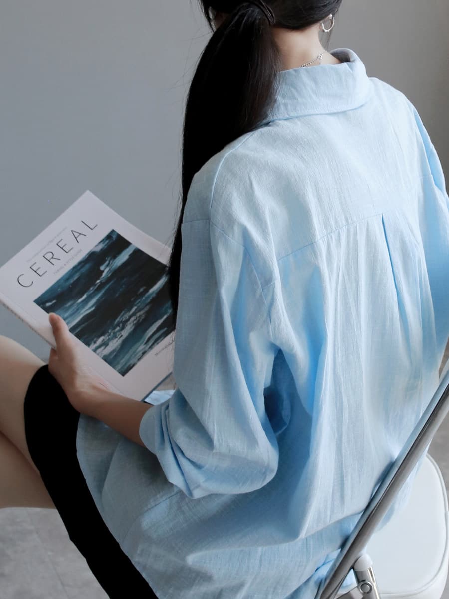 봄 여름 프랑스식 바다색 여성 셔츠 얇은 스타일 루즈핏 품격 오래된 돈 바람 고급 센스 면 린넨 자외선 차단 셔츠 상세 이미지 3