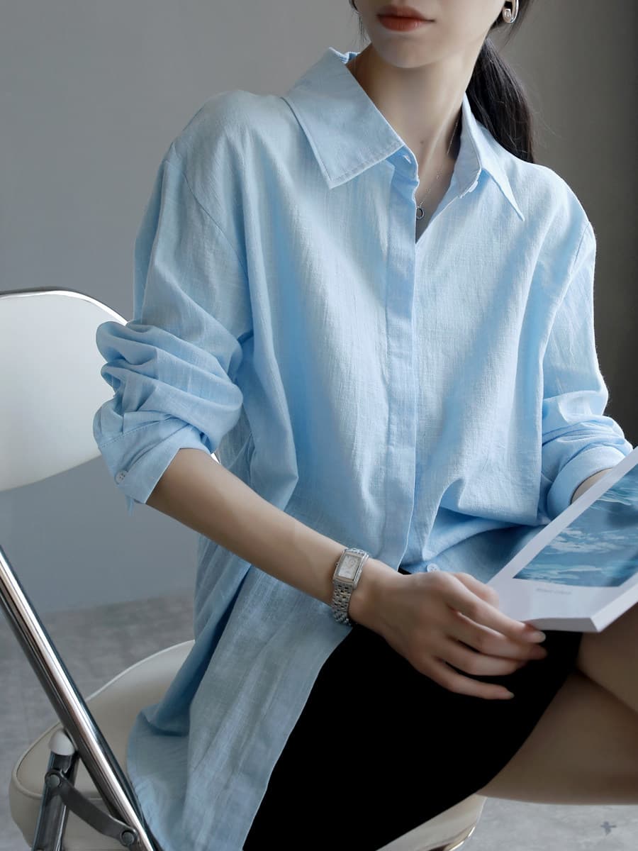 봄 여름 프랑스식 바다색 여성 셔츠 얇은 스타일 루즈핏 품격 오래된 돈 바람 고급 센스 면 린넨 자외선 차단 셔츠 상세 이미지 4