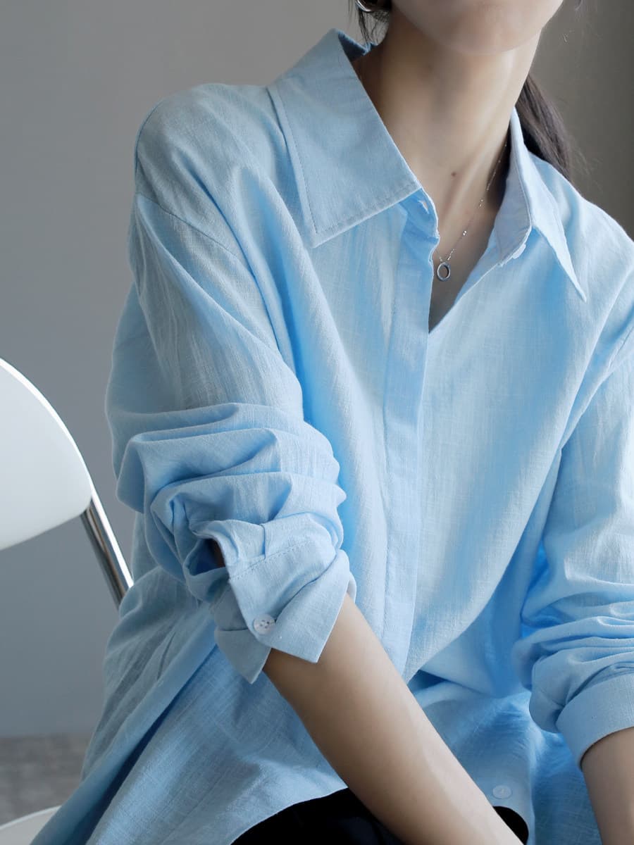 봄 여름 프랑스식 바다색 여성 셔츠 얇은 스타일 루즈핏 품격 오래된 돈 바람 고급 센스 면 린넨 자외선 차단 셔츠 상세 이미지 5