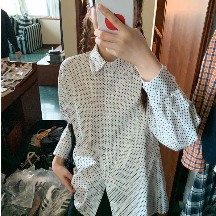 레트로 긴팔 셔츠 출퇴근 체크무늬 봄 가을 루즈핏 새로운 다용도 도트 무늬 트렌디 이미지 2
