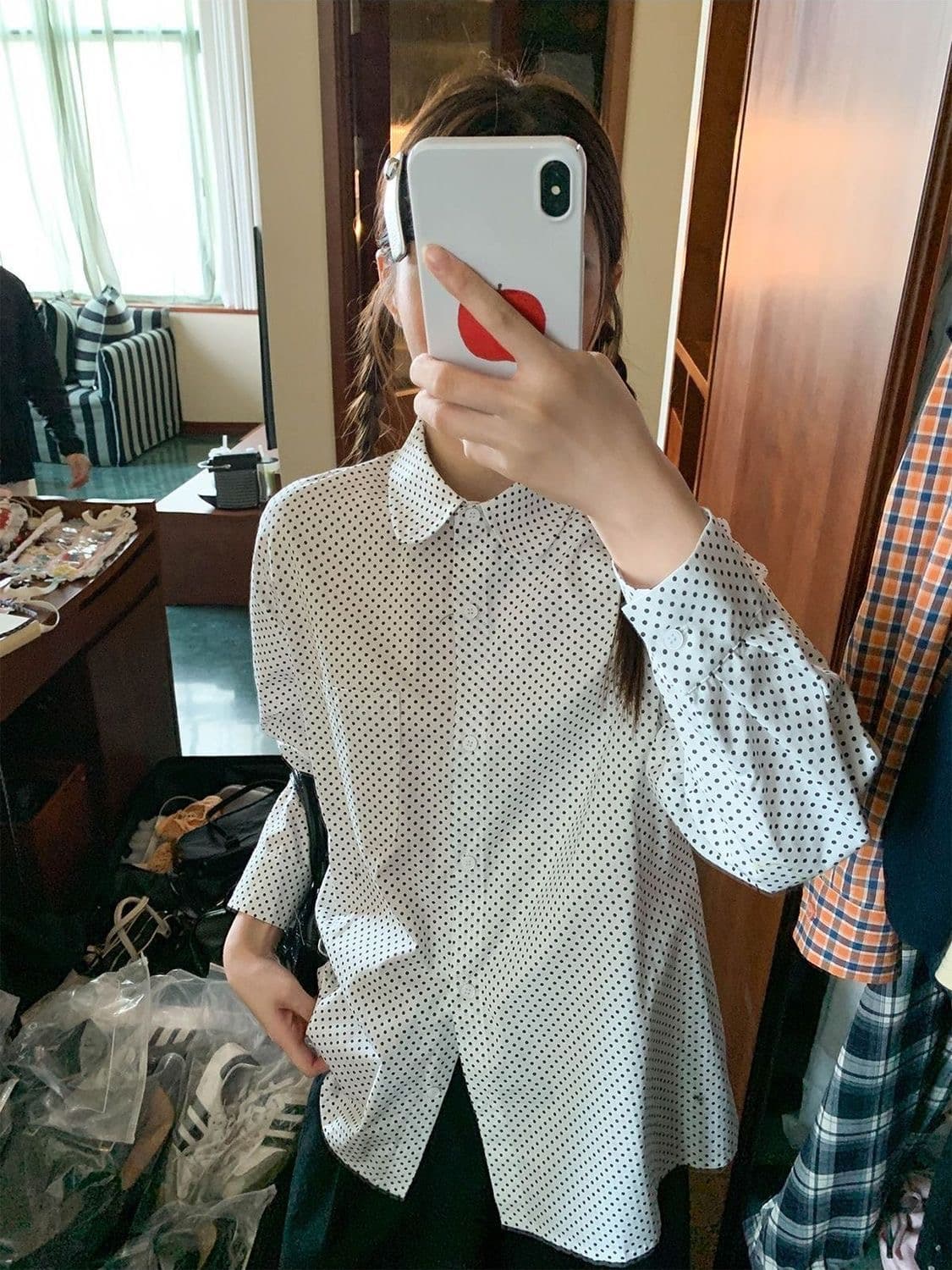 레트로 긴팔 셔츠 출퇴근 체크무늬 봄 가을 루즈핏 새로운 다용도 도트 무늬 트렌디 상세 이미지 6