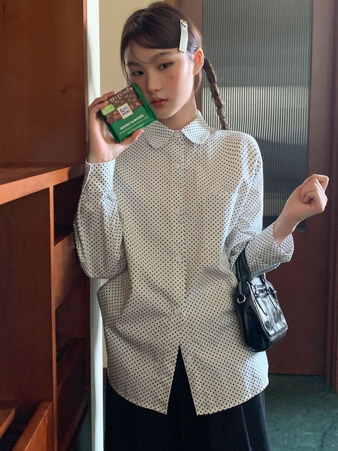 레트로 긴팔 셔츠 출퇴근 체크무늬 봄 가을 루즈핏 새로운 다용도 도트 무늬 트렌디 상세 이미지 8