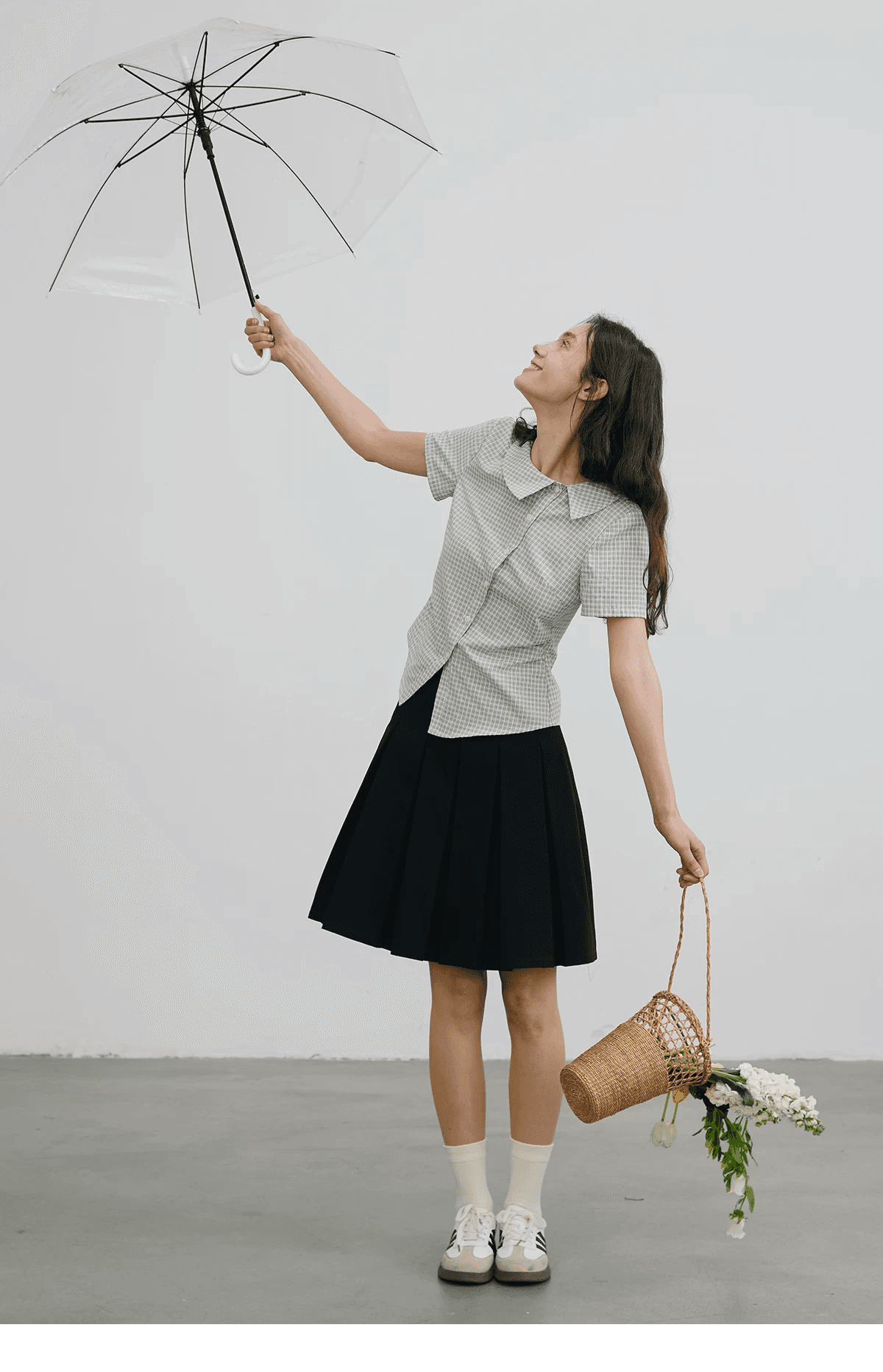 illbewell 학원 스타일 파란색 체크무늬 비대칭 폴로 칼라 아마 반팔 셔츠 상세 이미지 26