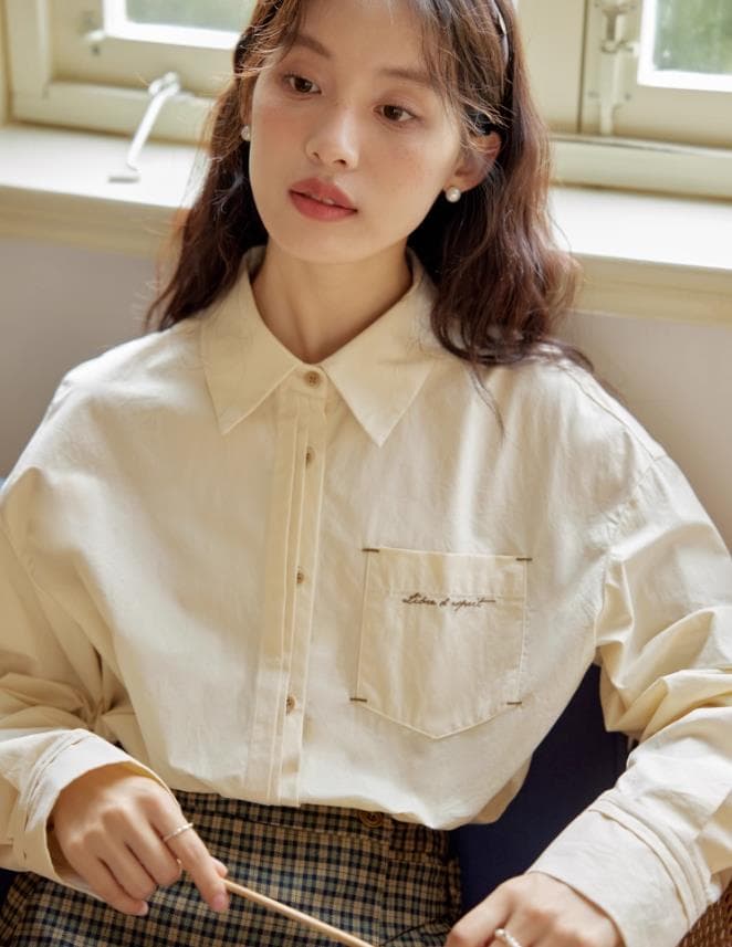 레트로 알파벳 자수 긴팔 셔츠 여성 프랑스식 루즈핏 격자 무늬 셔츠 맨위 이미지 2