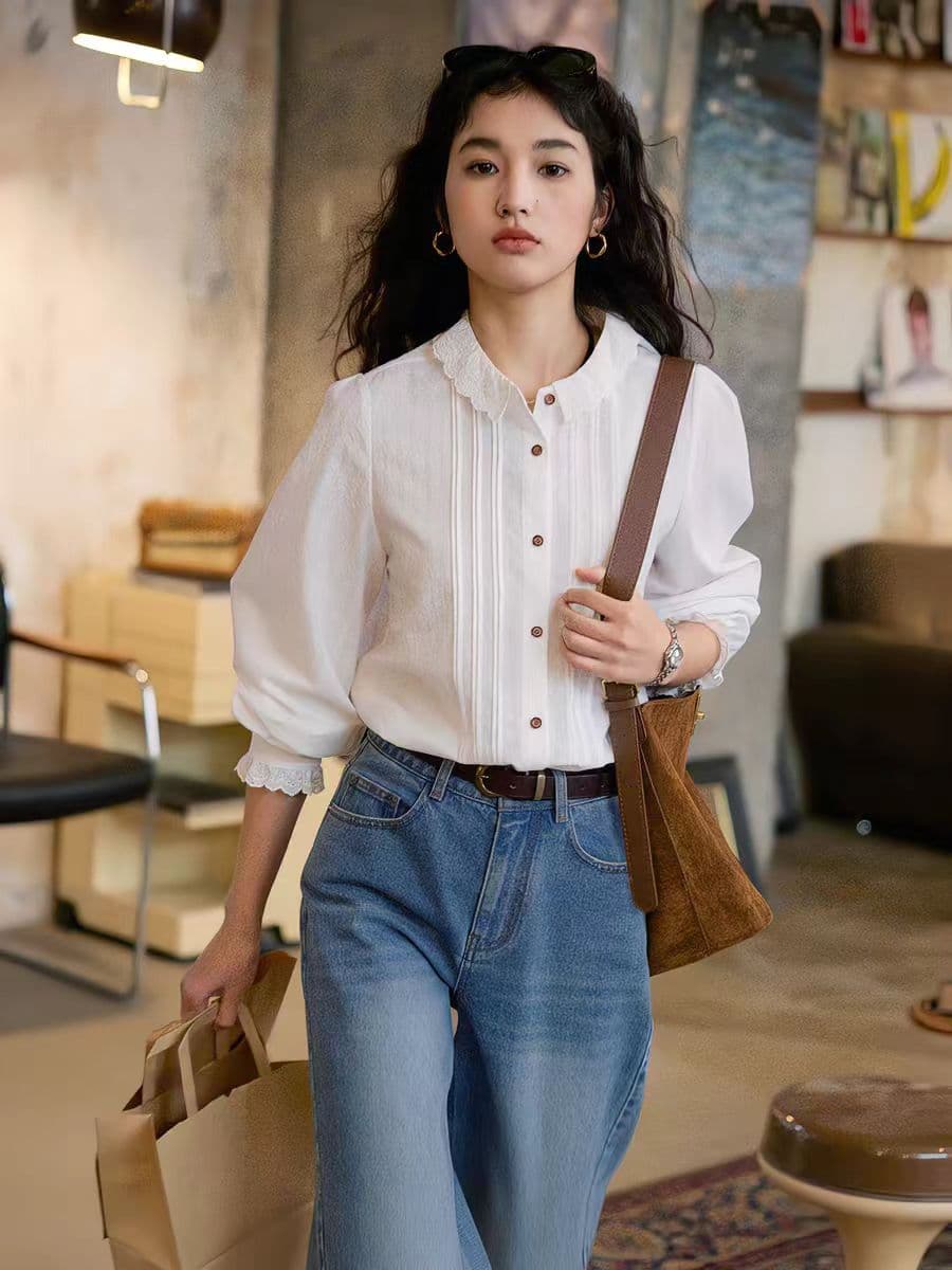프랑스식 레트로 화이트 레이스 칼라 긴팔 여성 셔츠 봄 2026 새로운 슬림해 보이는 맨위 상세 이미지 1