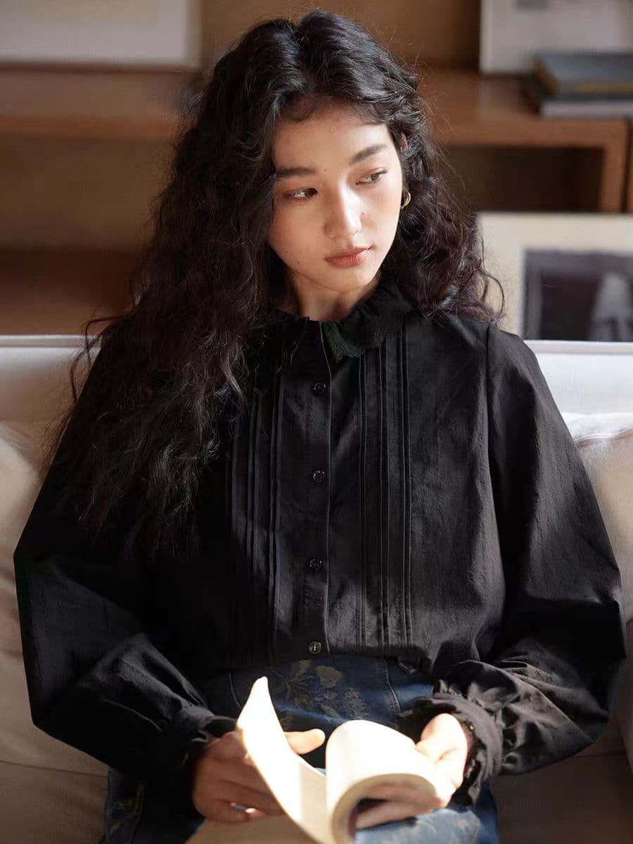 프랑스식 레트로 화이트 레이스 칼라 긴팔 여성 셔츠 봄 2026 새로운 슬림해 보이는 맨위 상세 이미지 2