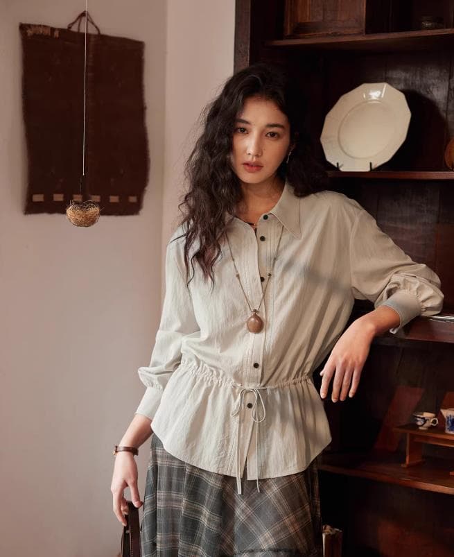 프랑스식 레트로 펌프 로프 허리 수축 긴팔 여성 셔츠 봄 상세 이미지 4