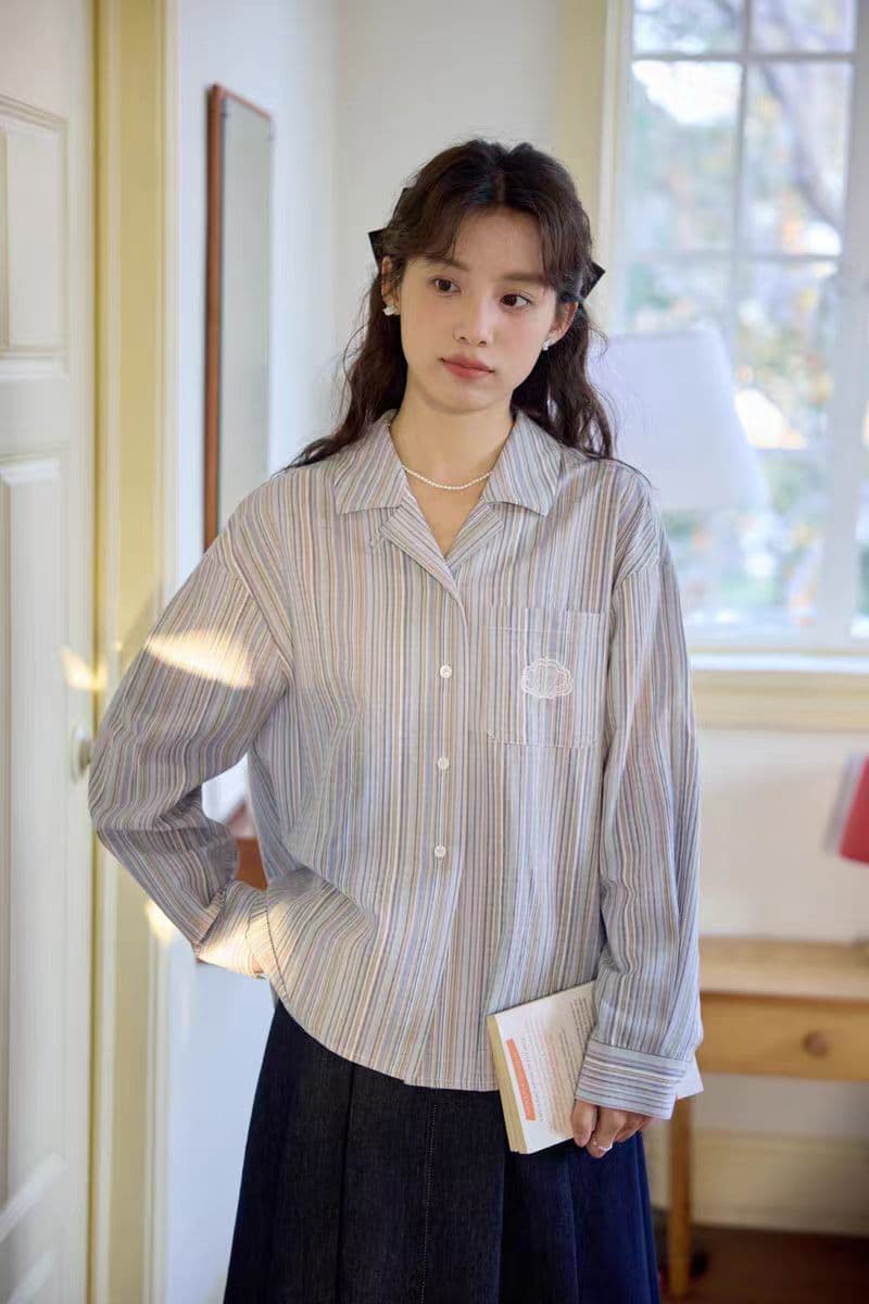 캐주얼 쿠바 칼라 무거운 작업 레이스 패치 자수 긴팔 셔츠 상세 이미지 8