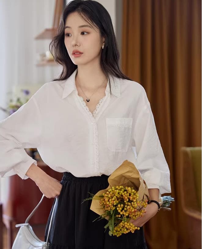 화이트 폴로 칼라 레이스 주간 실크 긴팔 여성 셔츠 가을 프랑스식 레트로 출퇴근 품격 맨위 상세 이미지 6