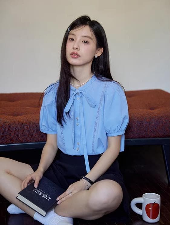 레이스업 레이스 패치워크 셔츠 거품 소매 디자인 센스 셔츠 여성용 짧은 소매 맨위 여름 상세 이미지 1