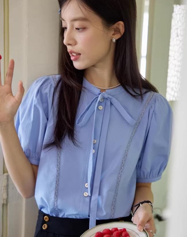 레이스업 레이스 패치워크 셔츠 거품 소매 디자인 센스 셔츠 여성용 짧은 소매 맨위 여름 상세 이미지 2