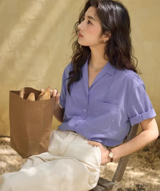 뽕나무 누에 실크 혼방 쿠바 칼라 반팔 여성 셔츠 여름 2026 새로운 주름 센스 슬림해 보이는 셔츠 이미지 2