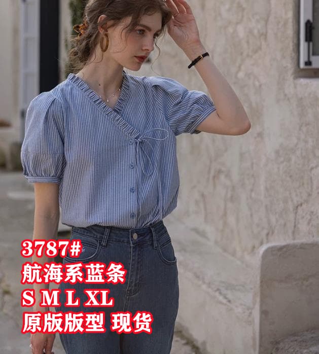 해상 규칙 컬러 짜임 면 스트라이프 거품 소매 작은 셔츠 비대칭 레트로 문예 반팔 셔츠