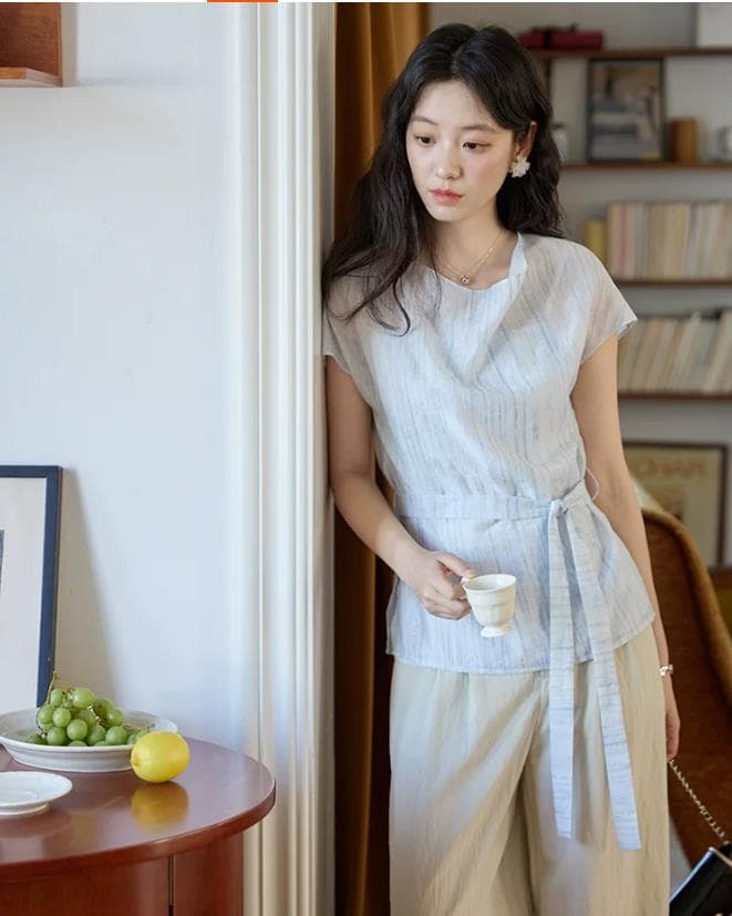 파란색 흔들다 칼라 프린트 뜨거운 은 레이스업 반팔 여성 셔츠 여름 프랑스식 레트로 허리 수축 맨위 상세 이미지 4