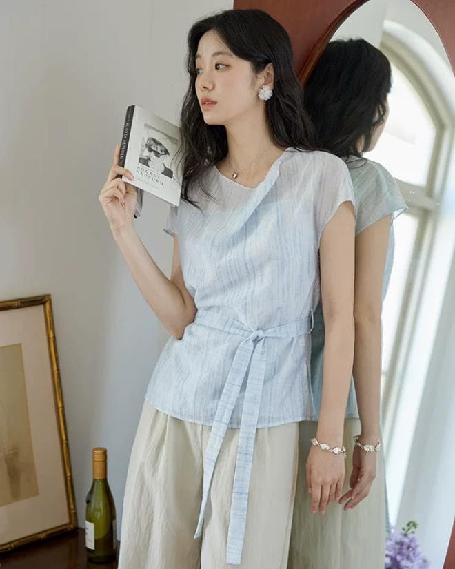 파란색 흔들다 칼라 프린트 뜨거운 은 레이스업 반팔 여성 셔츠 여름 프랑스식 레트로 허리 수축 맨위 상세 이미지 10