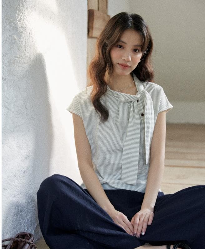 일상 세로 줄무늬 반팔 여성 셔츠 여름 면 소재 비대칭 디자인 센스 리본 칼라 심지어 어깨 소매 맨위 상세 이미지 6