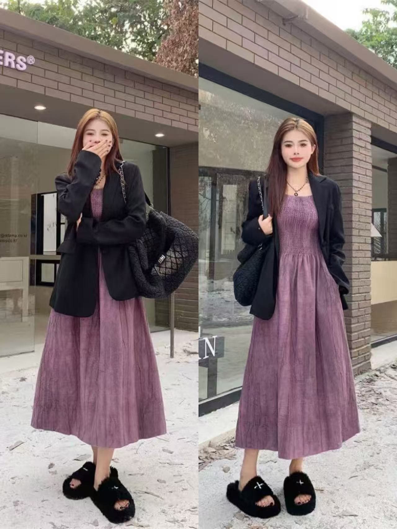 실사 플리츠 홀치기 염색 보라색 슬립 여성 드레스 가을 2025 새로운 프랑스식 허리 수축 인사이드 가져 가라. 롱 스커트 정장