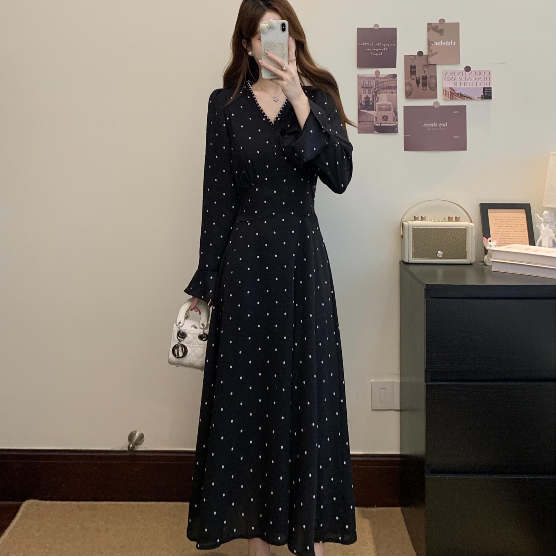 실사 빅 사이즈 지방 mm 프랑스식 레트로 품격 꽃무늬 여성 드레스 가을 2025 새로운 허리 수축 슬림해 보이는 A라인 스커트 이미지 5