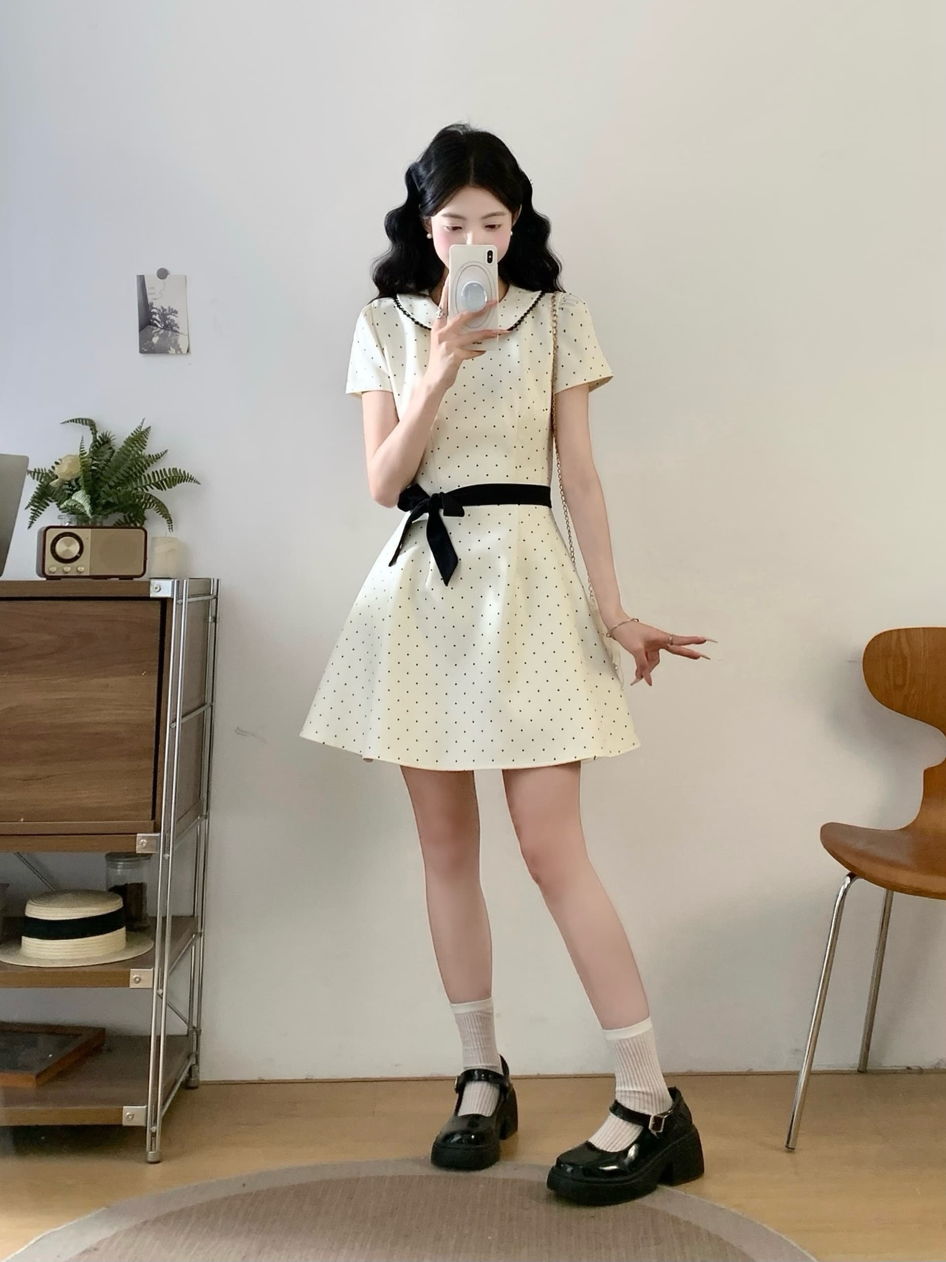 실사 2026 여름 빅 사이즈 마이크로 지방 베이비 칼라 달콤함 샤오시엔 허리 수축 슬림해 보이는 도트 무늬 드레스 상세 이미지 4