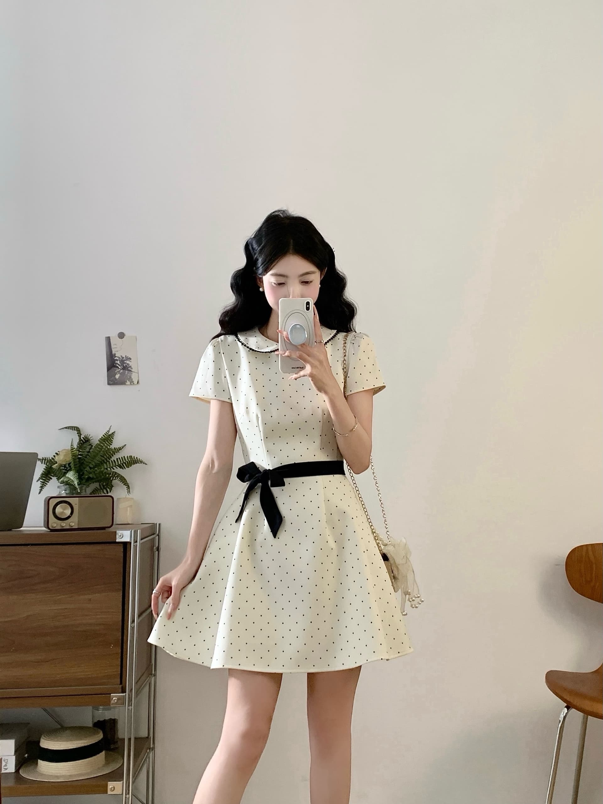 실사 2026 여름 빅 사이즈 마이크로 지방 베이비 칼라 달콤함 샤오시엔 허리 수축 슬림해 보이는 도트 무늬 드레스 상세 이미지 6