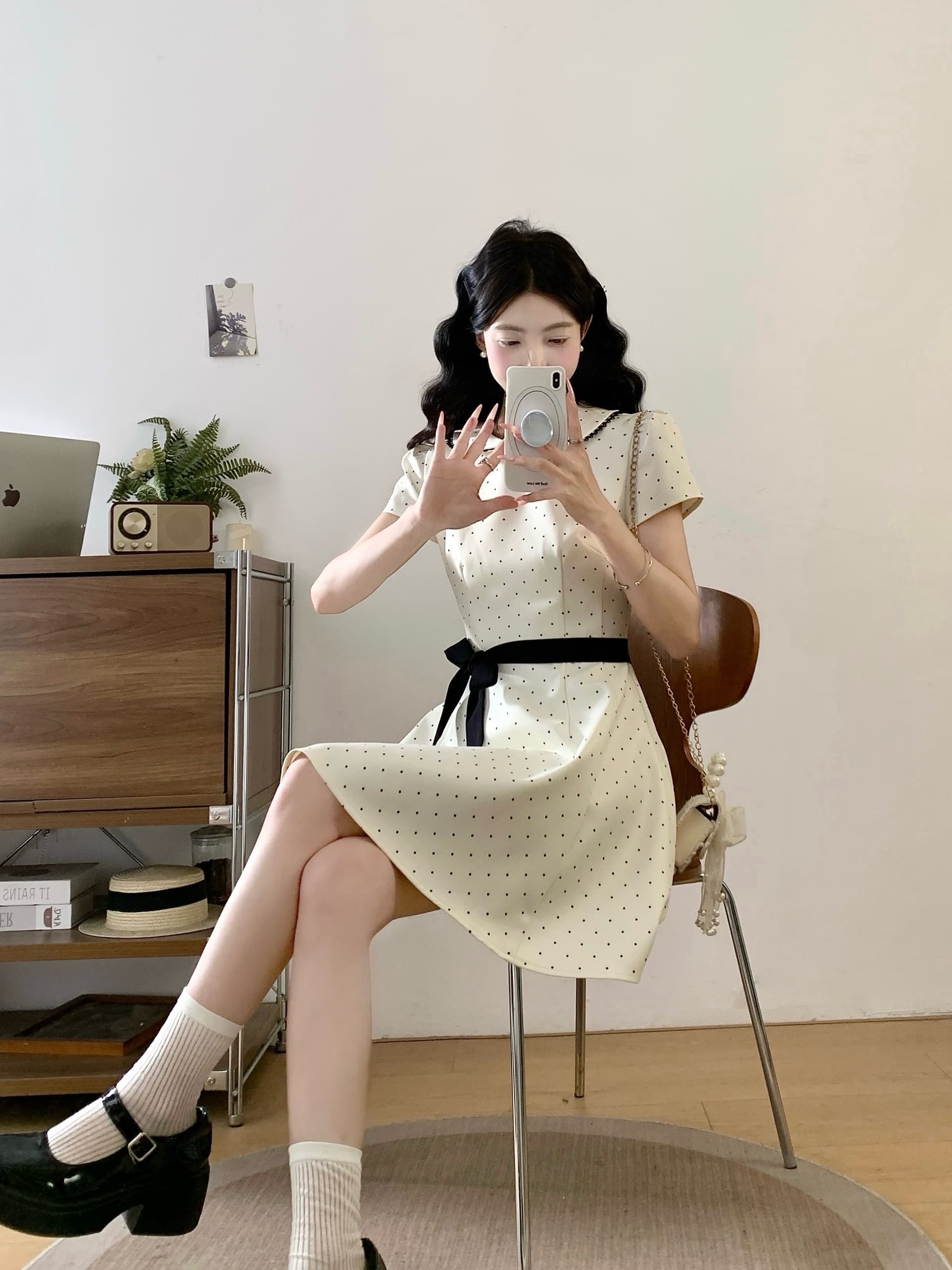 실사 2026 여름 빅 사이즈 마이크로 지방 베이비 칼라 달콤함 샤오시엔 허리 수축 슬림해 보이는 도트 무늬 드레스 상세 이미지 7