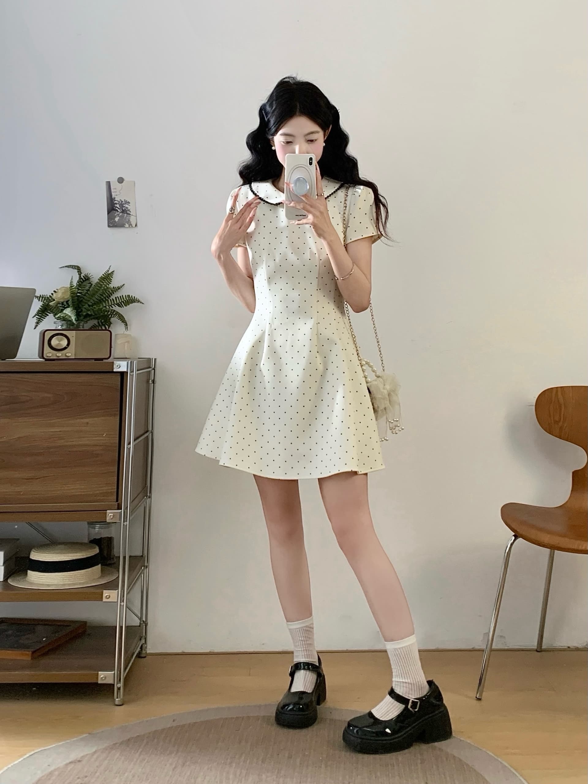실사 2026 여름 빅 사이즈 마이크로 지방 베이비 칼라 달콤함 샤오시엔 허리 수축 슬림해 보이는 도트 무늬 드레스 상세 이미지 9