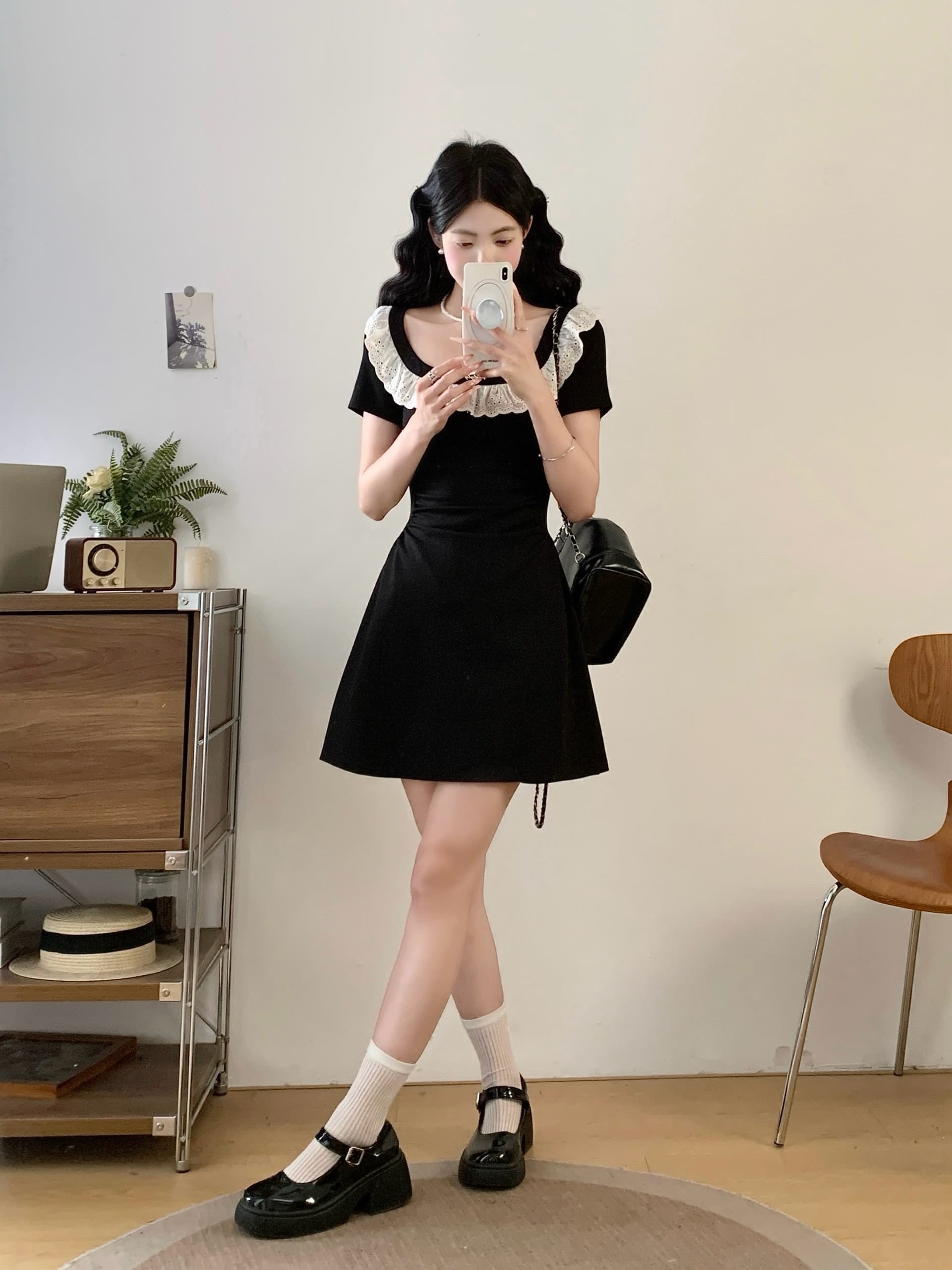 실사 빅 사이즈 프랑스식 그는 벤 바람 광장 칼라 검정색 여성 드레스 여름 고급 센스 레이스 측면 슬림해 보이는 허리 수축 치마 상세 이미지 1