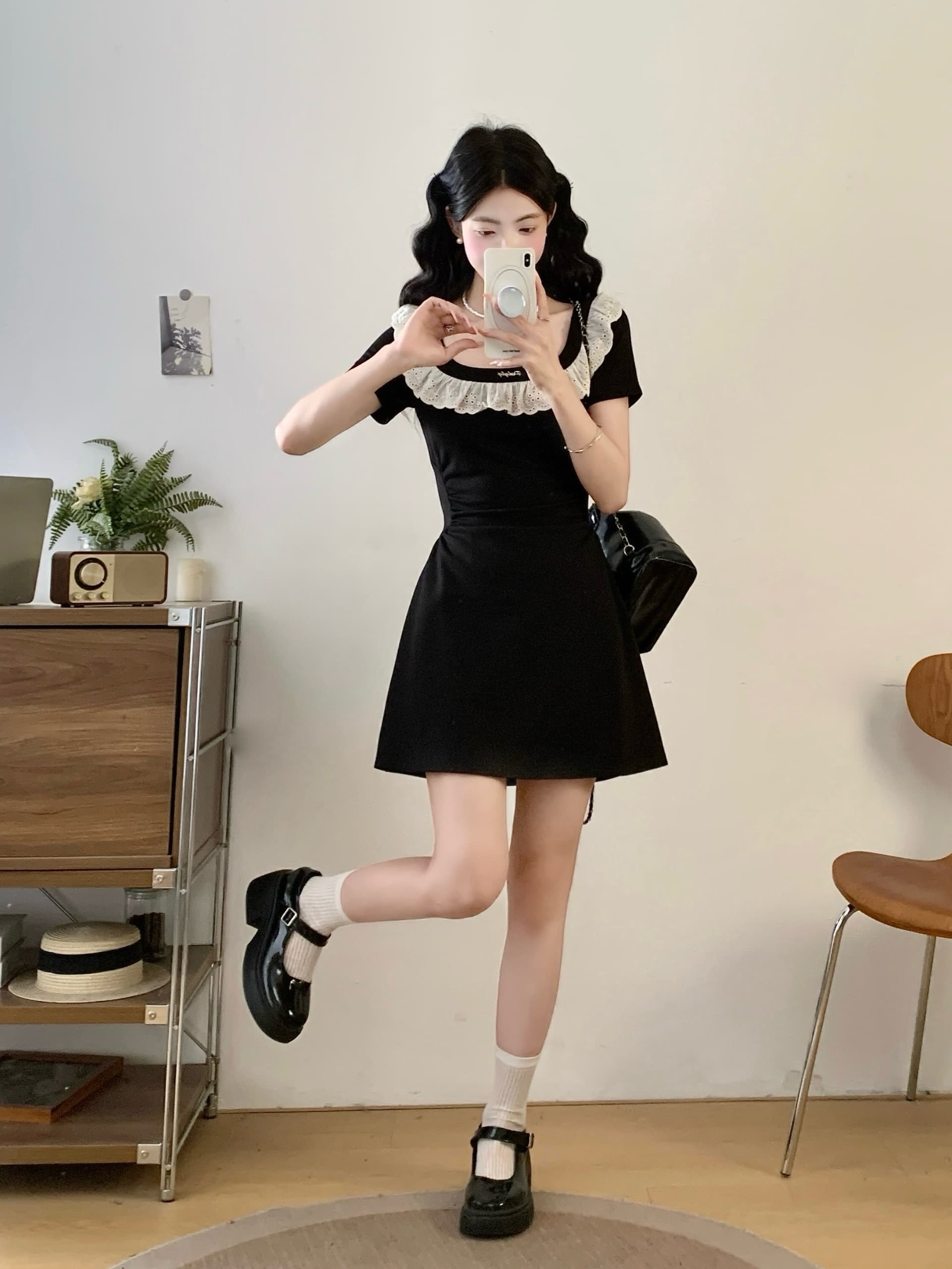 실사 빅 사이즈 프랑스식 그는 벤 바람 광장 칼라 검정색 여성 드레스 여름 고급 센스 레이스 측면 슬림해 보이는 허리 수축 치마 상세 이미지 2