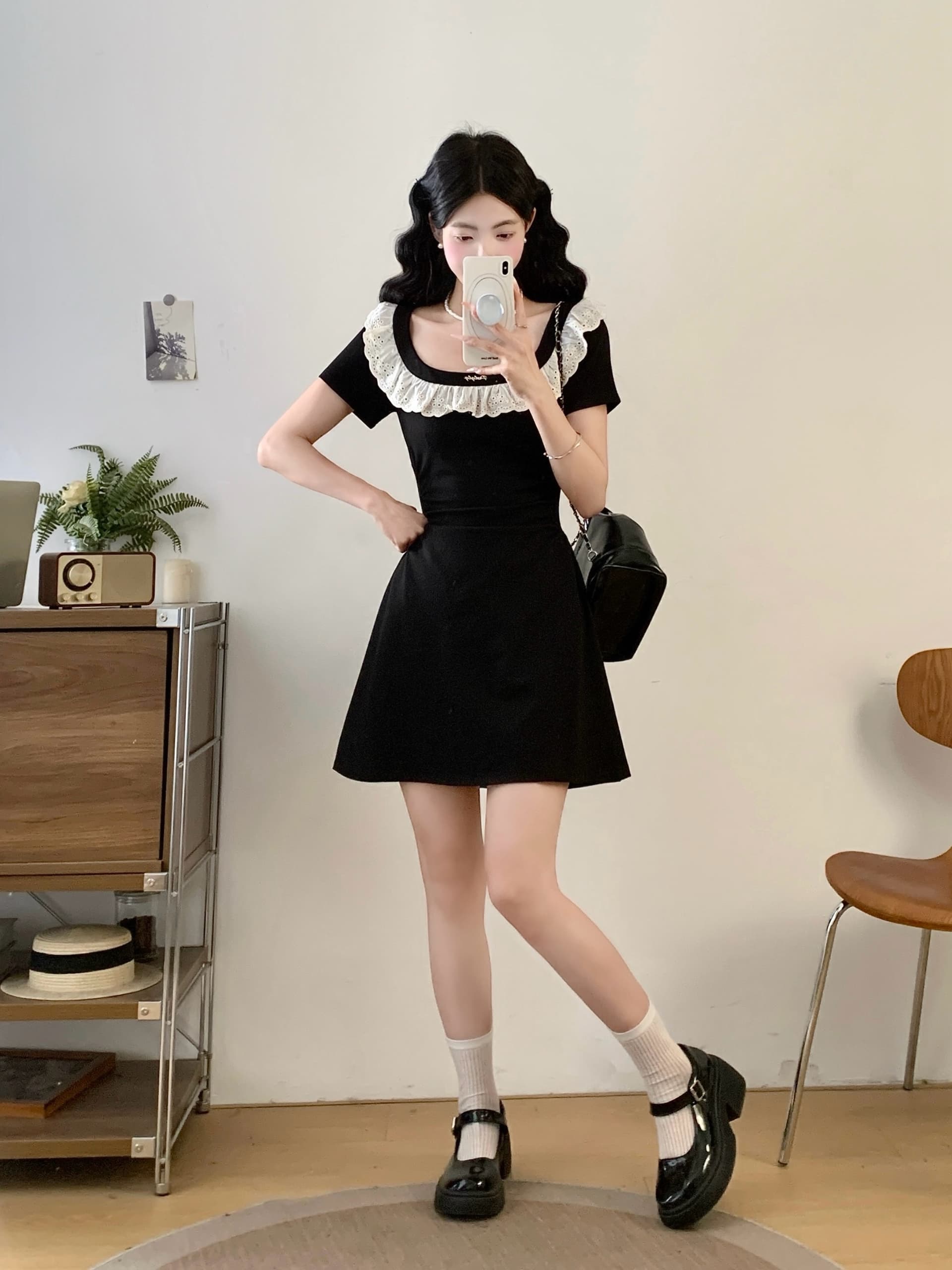 실사 빅 사이즈 프랑스식 그는 벤 바람 광장 칼라 검정색 여성 드레스 여름 고급 센스 레이스 측면 슬림해 보이는 허리 수축 치마 상세 이미지 3