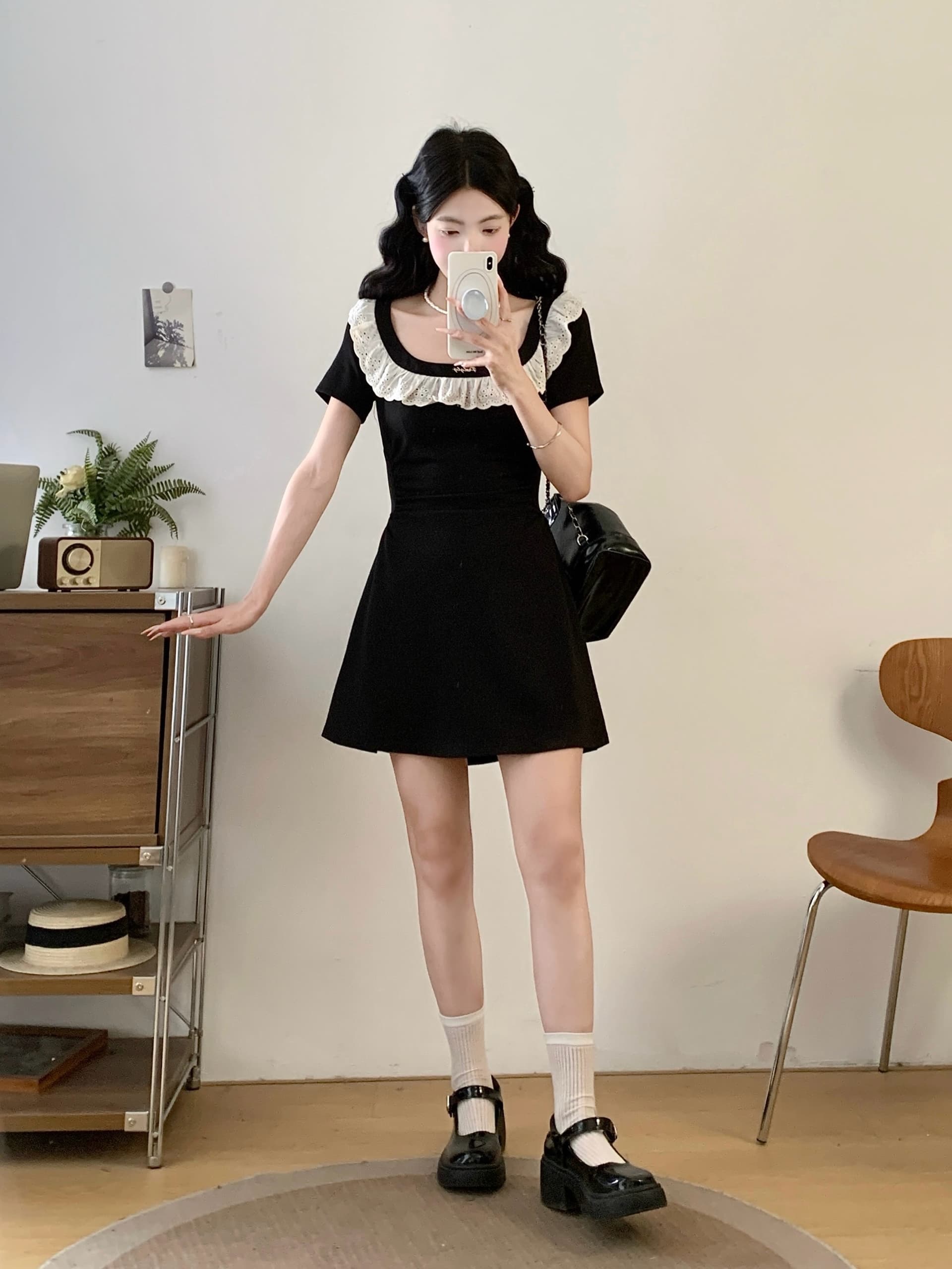 실사 빅 사이즈 프랑스식 그는 벤 바람 광장 칼라 검정색 여성 드레스 여름 고급 센스 레이스 측면 슬림해 보이는 허리 수축 치마 상세 이미지 4