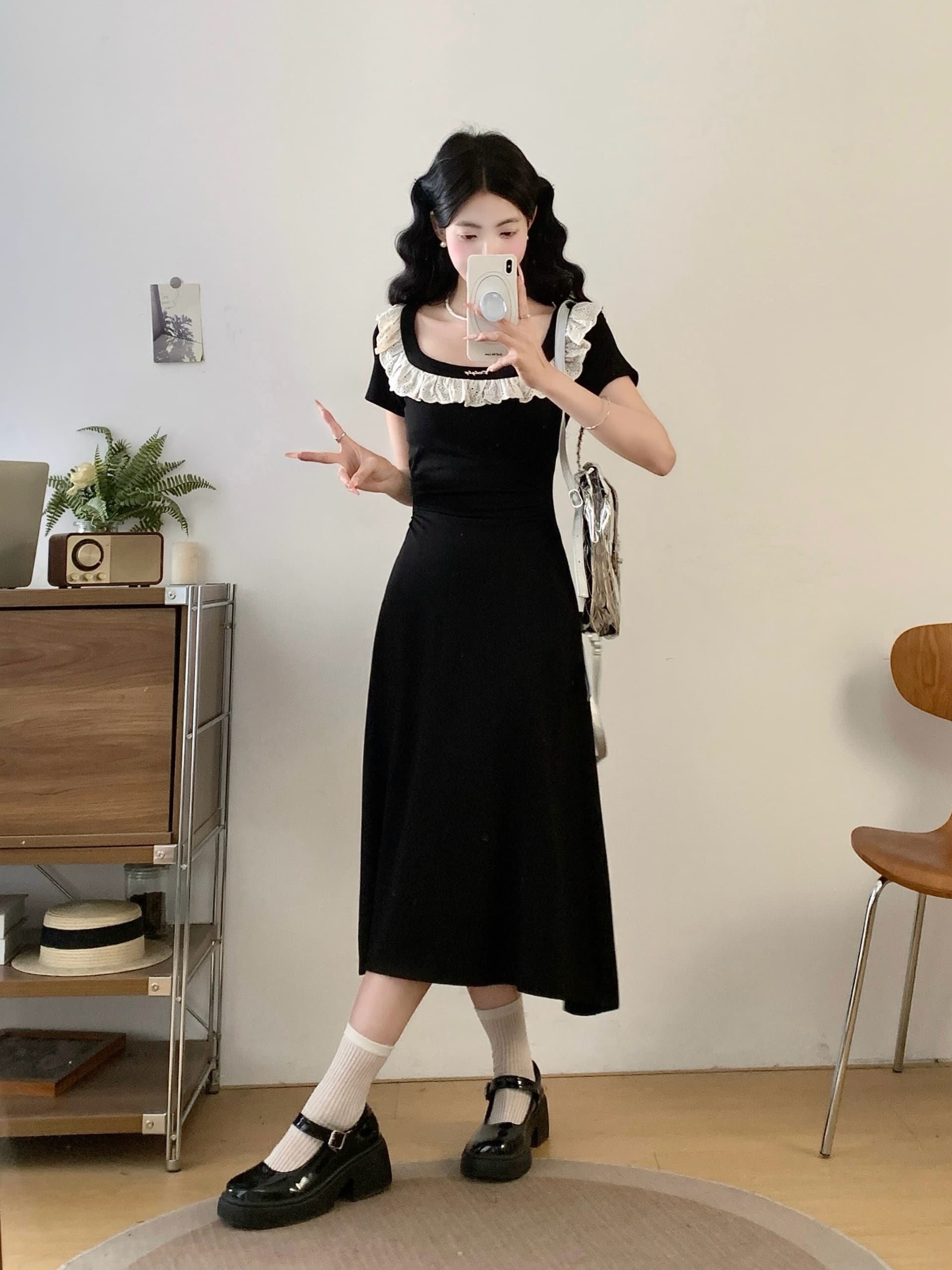 실사 빅 사이즈 프랑스식 그는 벤 바람 광장 칼라 검정색 여성 드레스 여름 고급 센스 레이스 측면 슬림해 보이는 허리 수축 치마 상세 이미지 5