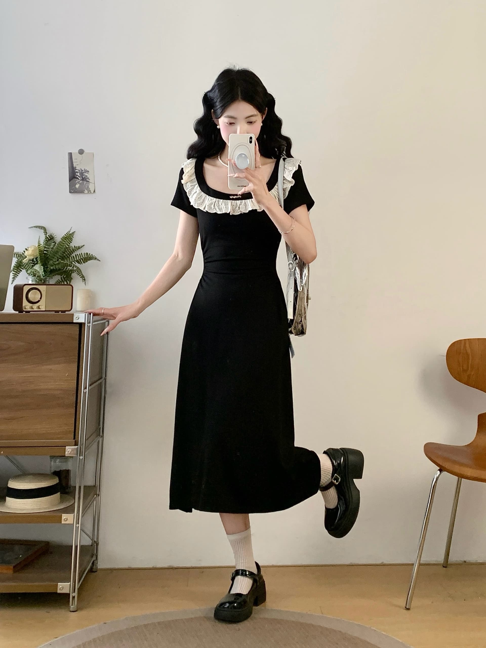 실사 빅 사이즈 프랑스식 그는 벤 바람 광장 칼라 검정색 여성 드레스 여름 고급 센스 레이스 측면 슬림해 보이는 허리 수축 치마 상세 이미지 6