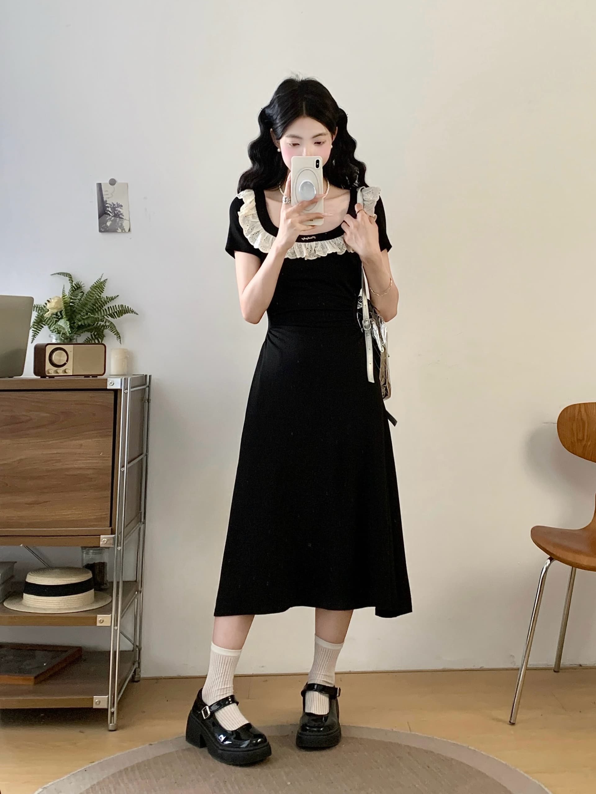 실사 빅 사이즈 프랑스식 그는 벤 바람 광장 칼라 검정색 여성 드레스 여름 고급 센스 레이스 측면 슬림해 보이는 허리 수축 치마 상세 이미지 7